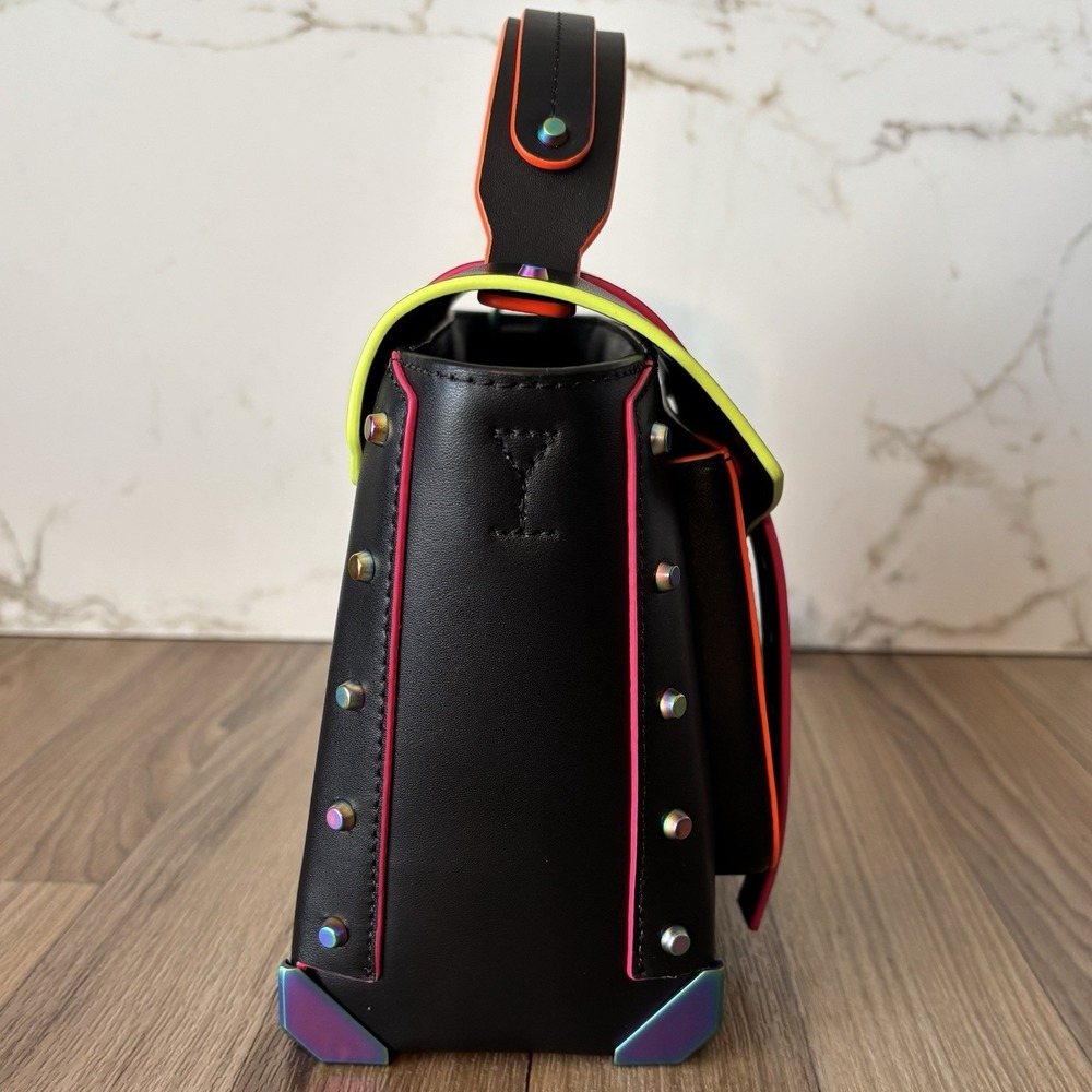 Michael Kors Manhattan Black Medium Leather Unique Satchel Neon Colors Crossbody - Picture 5 of 16